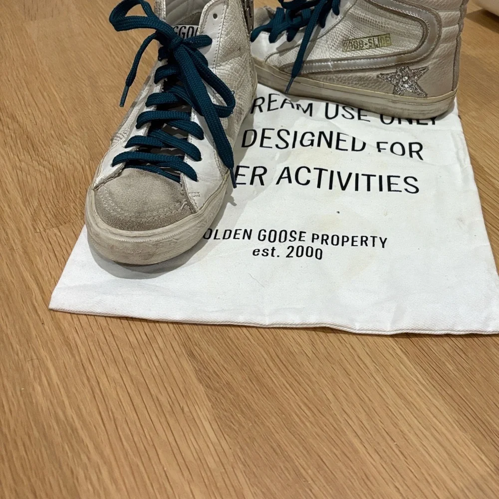 Golden Goose White and Teal High-Tops